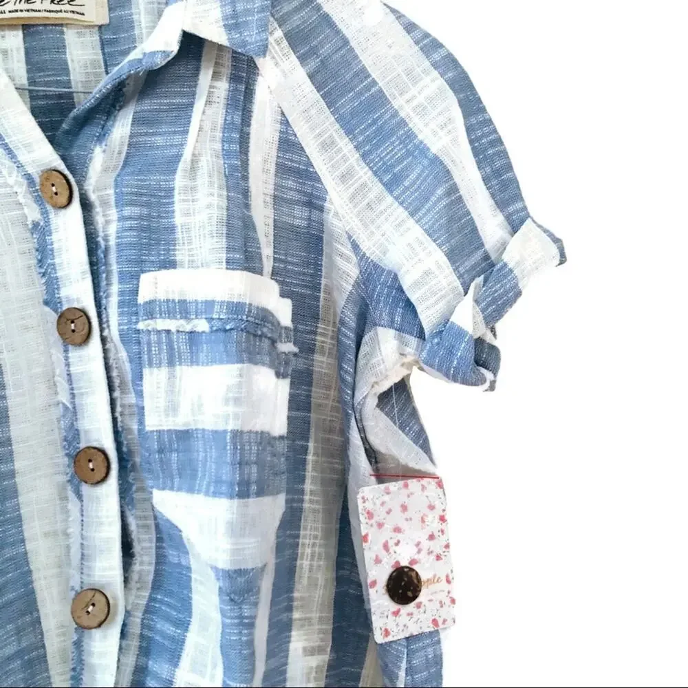 Free People Blue and White Striped Short-Sleeve Button Shirt - Picture 8 of 12